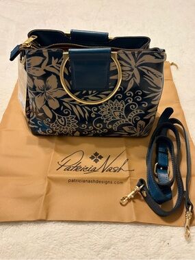 Patricia Nash Empoli Navy Blue and Cream Floral Satchel with Gold Hardware